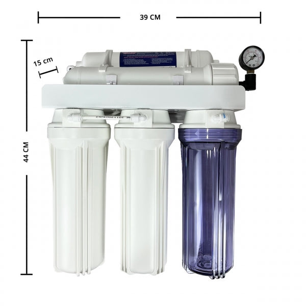 RO Water filtration system with dimensions labeled on a white background