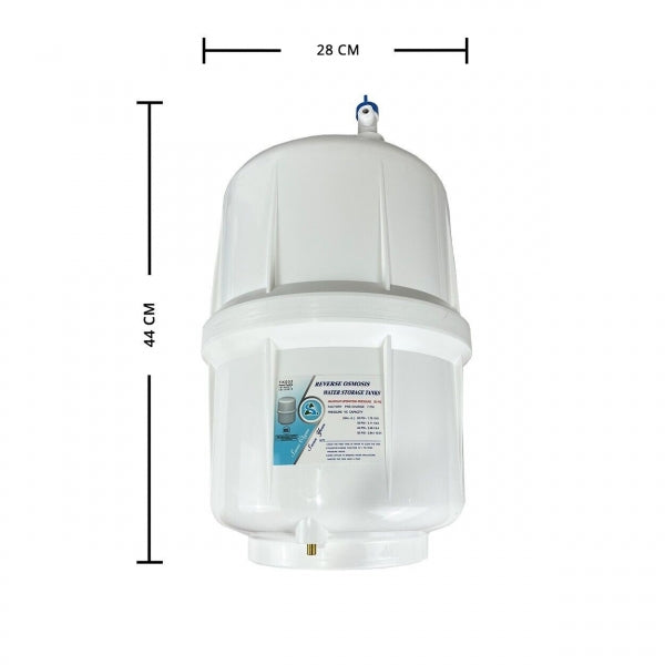White cylindrical water storage tank for RO with dimensions labeled on a white background