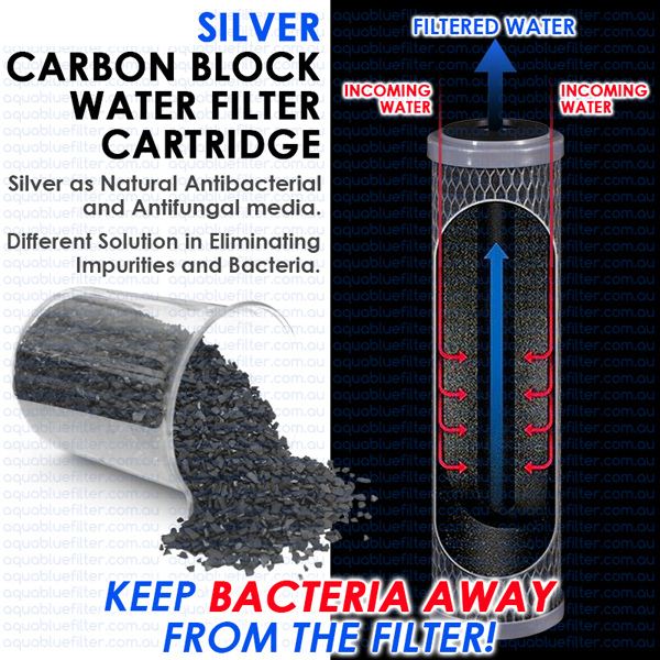 Silver Carbon block water filter cartridge with text highlighting its benefits and features.