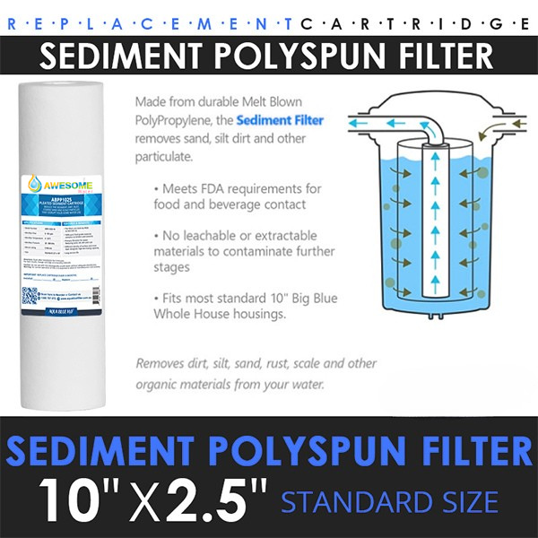 Sediment polypspan filter replacement cartridge with text and diagram on a white background