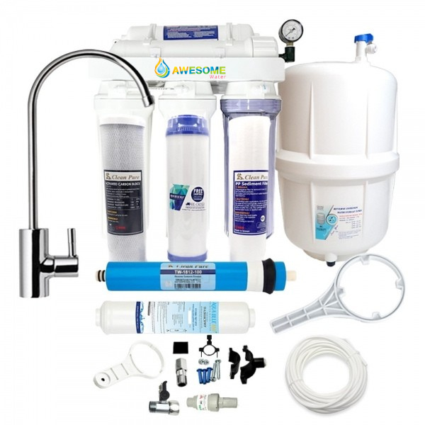RO Water filtration system with various components on a white background