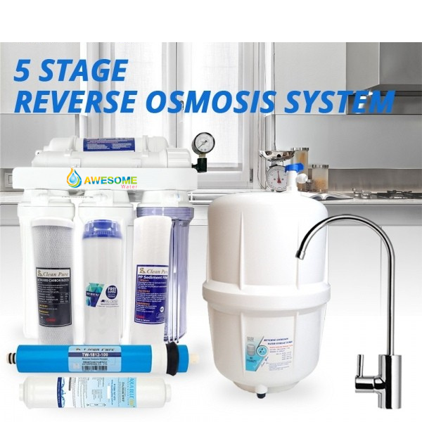 5-stage reverse osmosis system with filters and faucet in a kitchen setting
