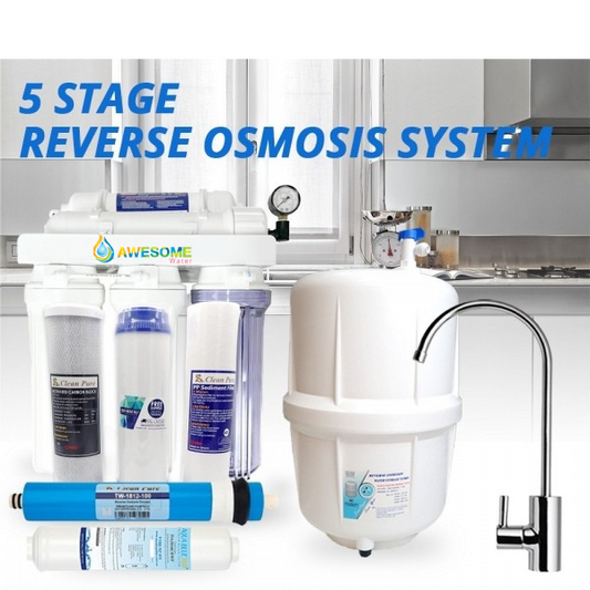 5-stage reverse osmosis system with filters and faucet in a kitchen setting