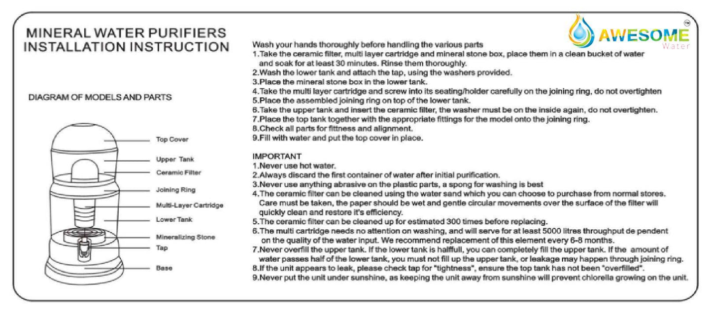 AWESOME WATER® - 14L Benchtop 8 Stage Water Filter Purifier Carbon Stone Ceramic Dispenser - Awesome Water®