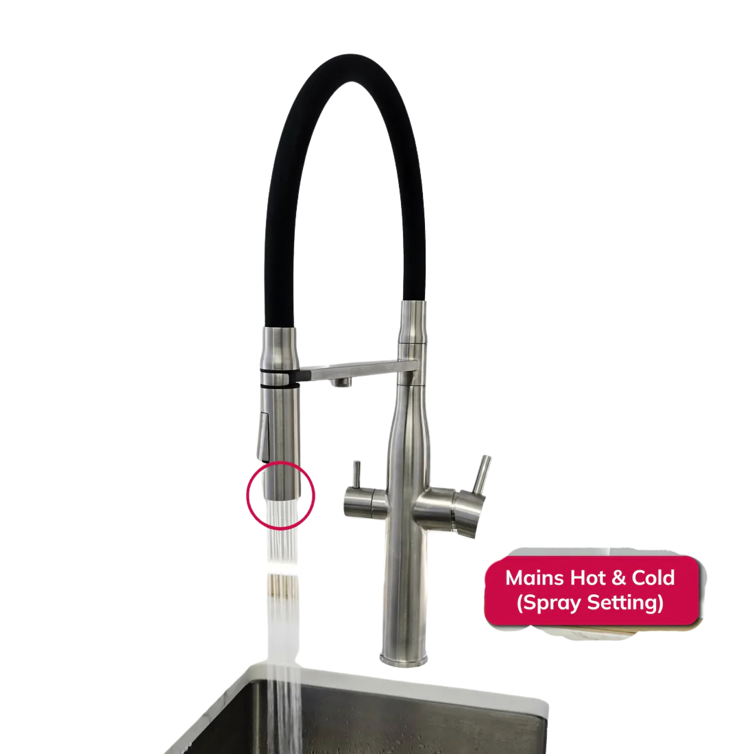 Modern kitchen faucet with spray feature on a white background