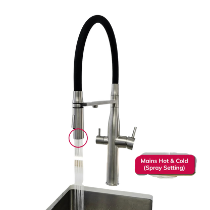 Modern kitchen faucet with spray feature on a white background