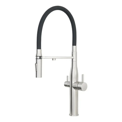 Modern kitchen faucet with black flex hose on a white background