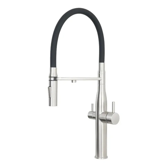 Modern kitchen faucet with black flex hose on a white background