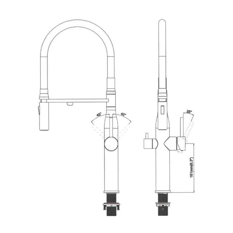 Technical drawing of a kitchen faucet with dimensions labeled