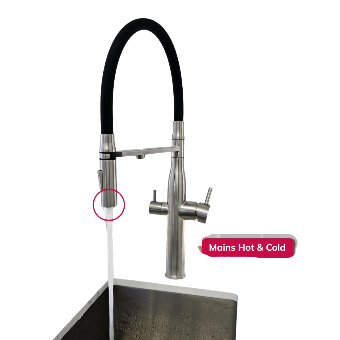 Kitchen faucet with a black hose and labeled 'Mains Hot & Cold' on a white background.