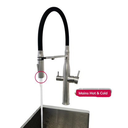 Kitchen faucet with a black hose and labeled 'Mains Hot & Cold' on a white background.