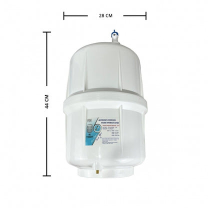White cylindrical water storage tank for RO with dimensions labeled on a white background