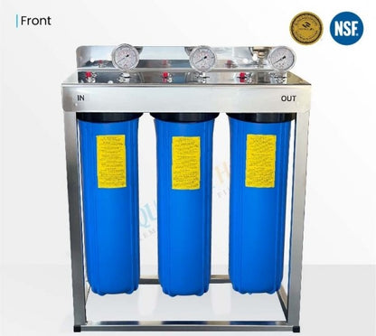 Three blue cylindrical filters in a metal frame with 'IN' and 'OUT' labels, NSF logo on a white background.