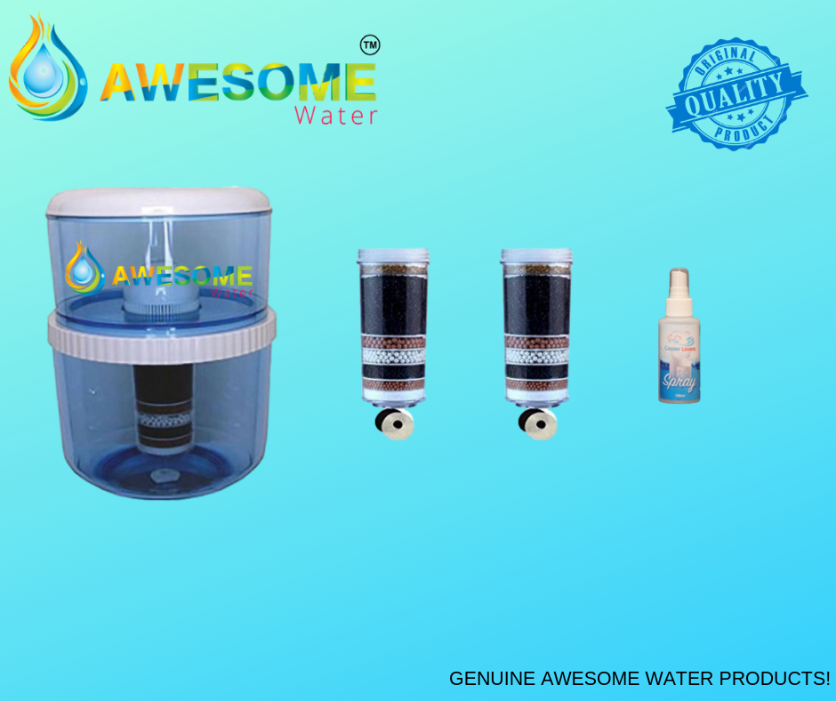 AWESOME WATER FILTERS - 8 Stage Filter - Premium, 2 Pack + 20L Bottle Upgrade Kit & COOLER LOVERS Cleaning Spray - Awesome Water